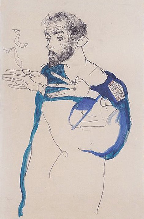 Schiele - Portrait of his teacher Klimt (1913)
