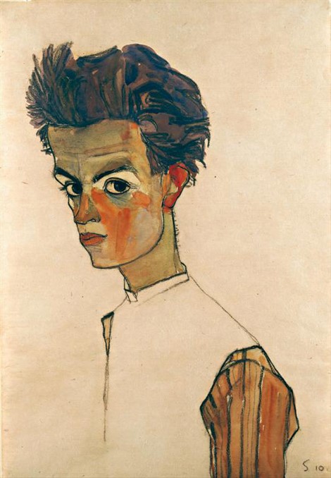 Schiele - Self Portrait with Striped Shirt (1910)
