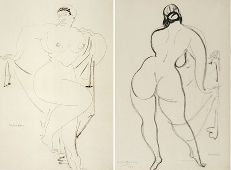 Standing Nude with Drapery, n.d.; Back of a Nude Woman, pen on paper, 1929.